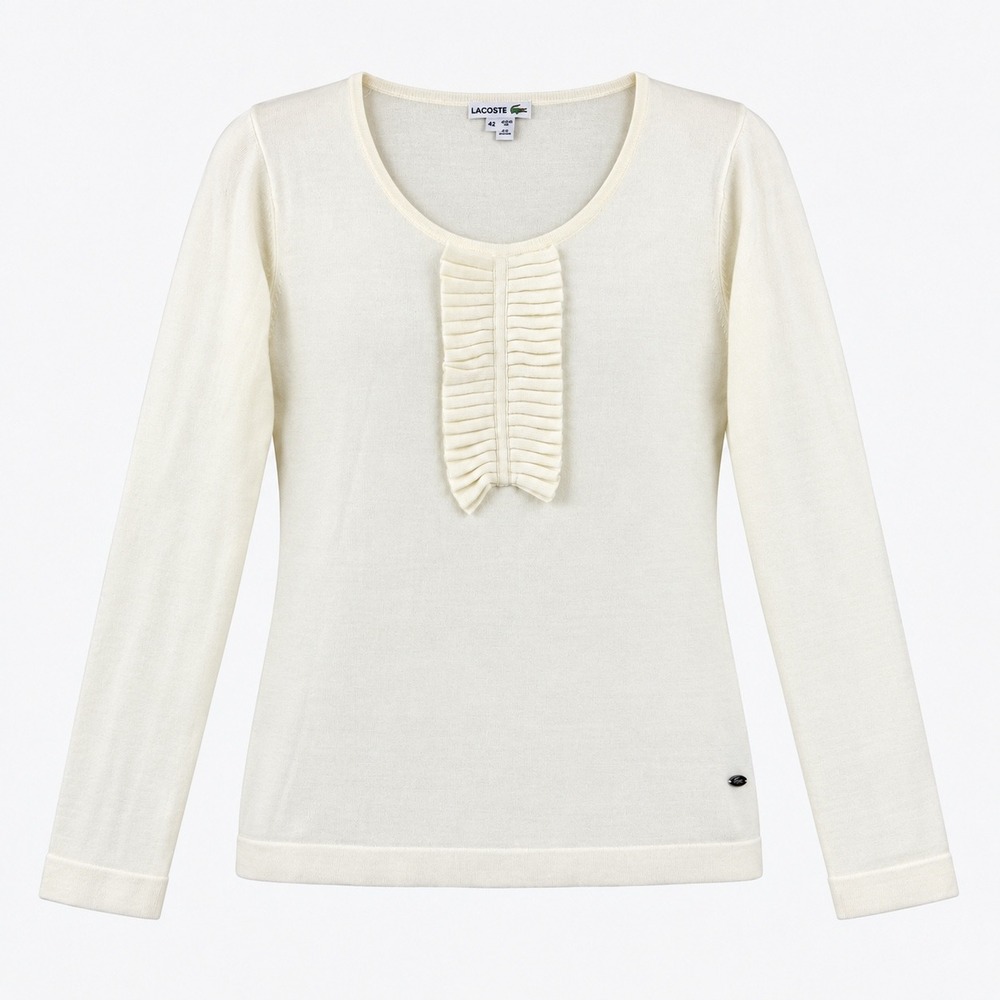 Lacoste Sweater Women 42 Cream Preppy Wool Blend Ruffle Scoop Neck Long Sleeve